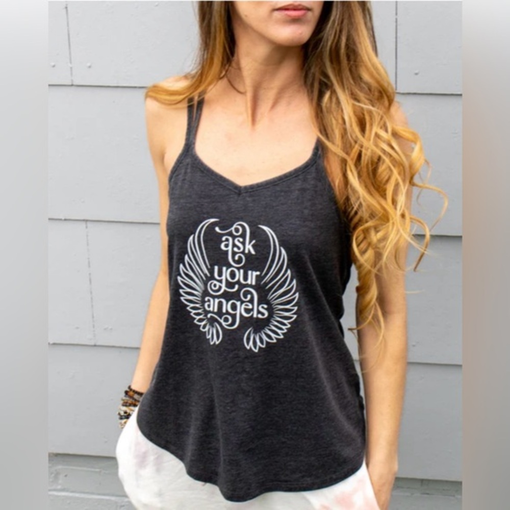 2/$20 ❤️ Super Love Ask Your Angels Heather Grey Flowy Strappy Back Tank Small